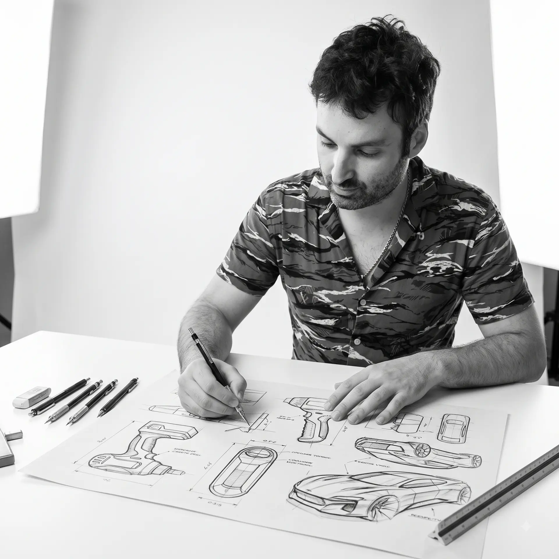 Retrato del diseñador industrial de Roboto Disegno en su estudio